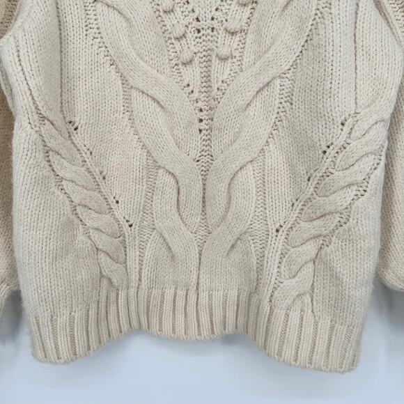 MANGO Crew Neck Sweater Pom-Pom Chunky Cable Knit Balloon Sleeve, Cream - Picture 3 of 8